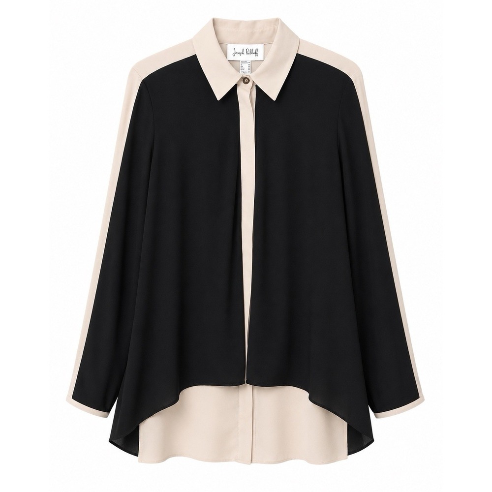 Joseph Ribkoff Size 14 Black Ivory Colorblock Layered Cape Blouse Lagenlook